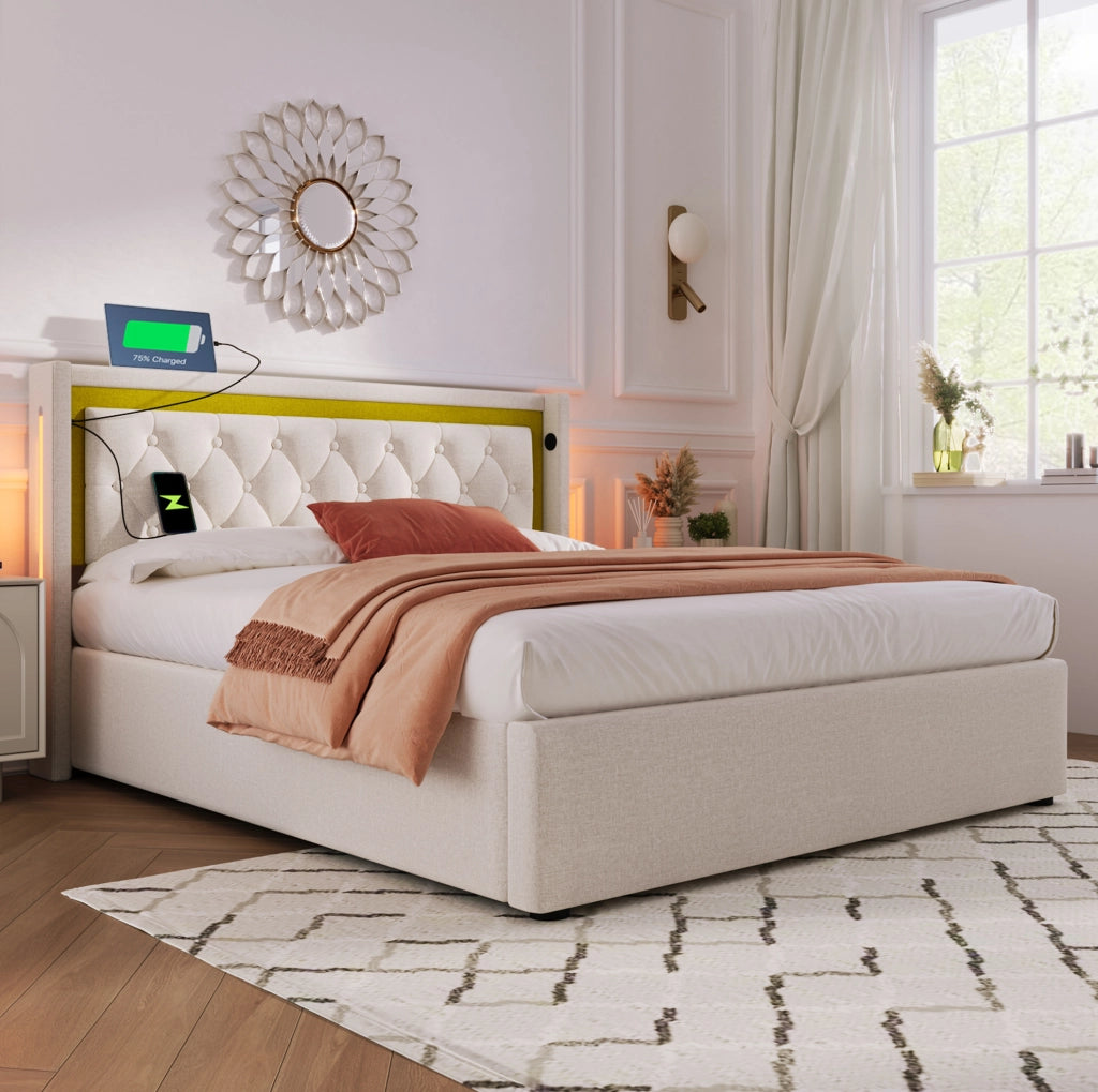 Letto matrimoniale LED con contenitore, USB e materasso incluso