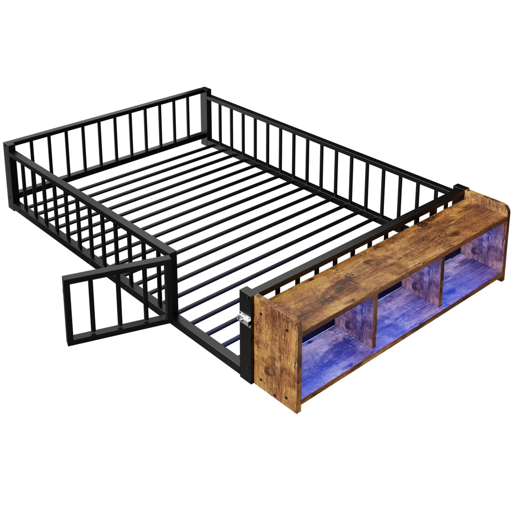 OKWISH Letto per Bambini 140 x 200 cm, Letto Singolo con Sponda, Vano a Giorno e LED, senza Materasso, Nero