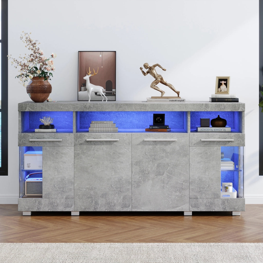 Credenza e madia con LED e ante in vetro temperato, 3 vani contenitore, per soggiorno, in MDF, grigio cemento 140 × 40 × 70 cm