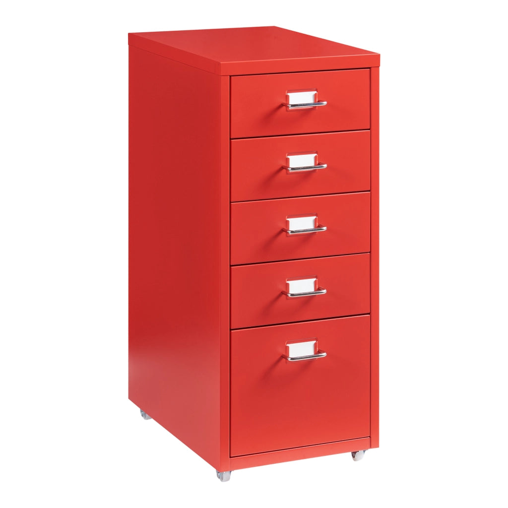 Cassettiera Kökar in Acciaio Mobile Archivio con 5 Cassetti e Rotelle - Rosso [en.casa]