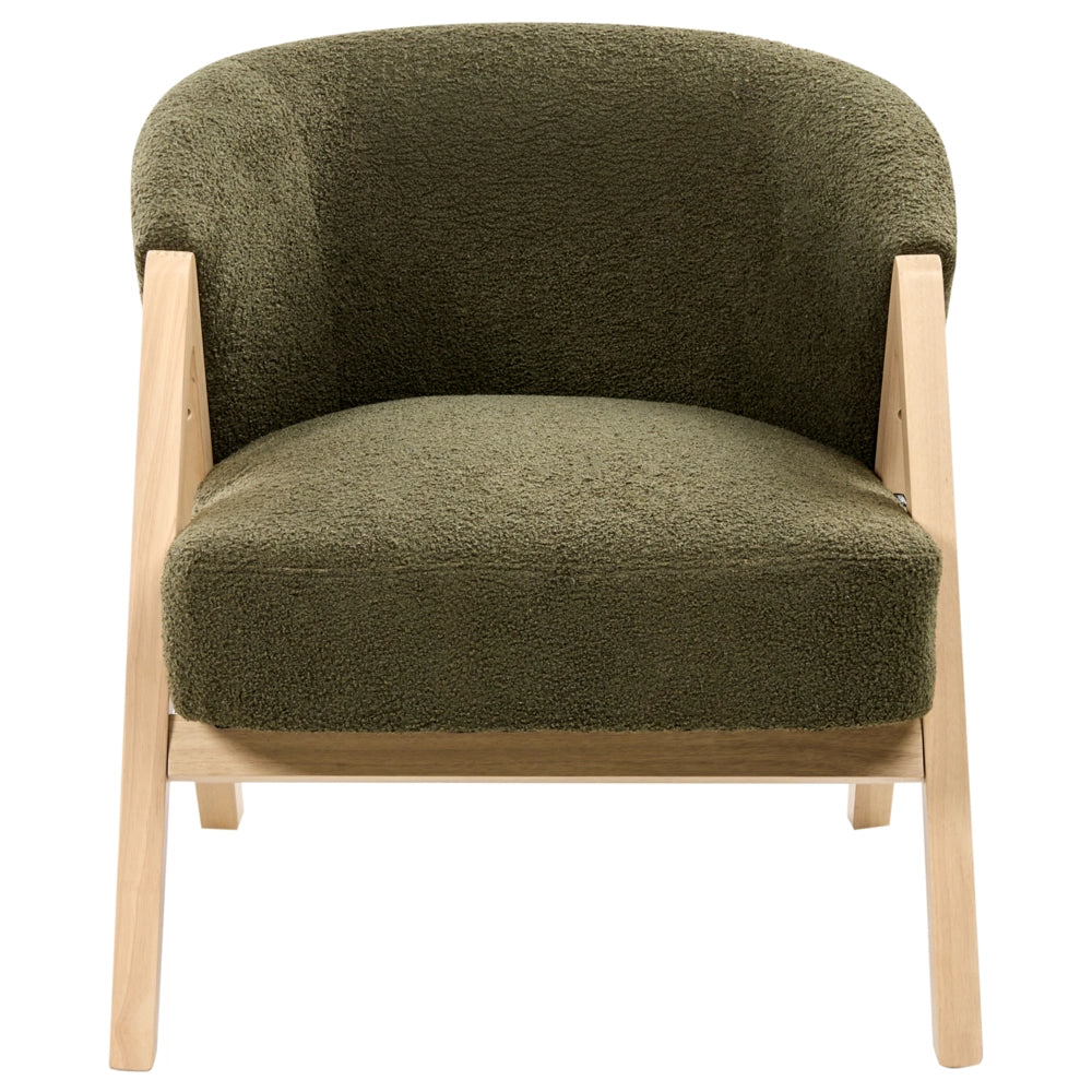 Poltrona verde scuro in tessuto bouclé con gambe in legno, design moderno, per soggiorno e camera da letto