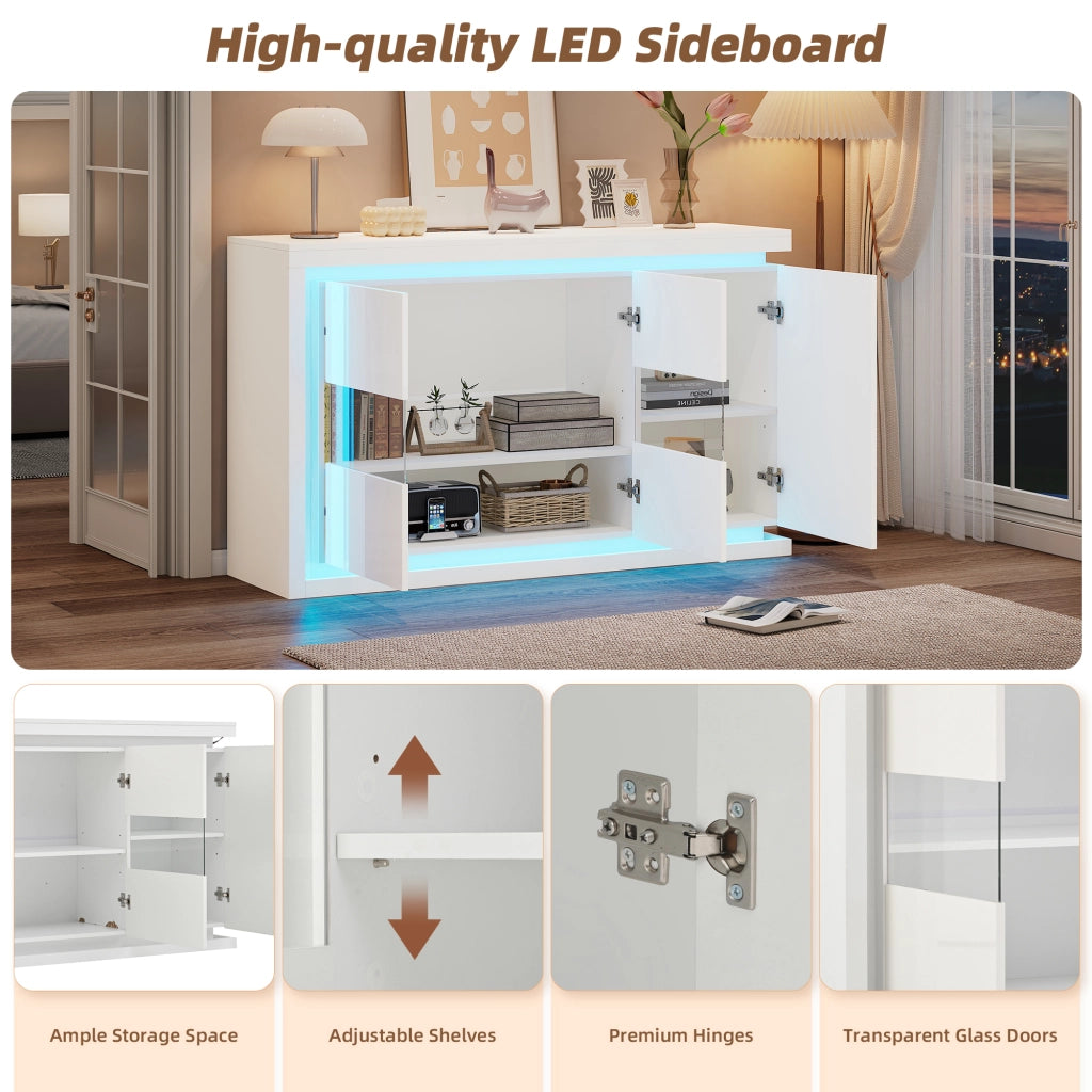 Credenza con 3 ante; ripiani regolabili e LED - per soggiorno - 140×40×84 cm - bianco
