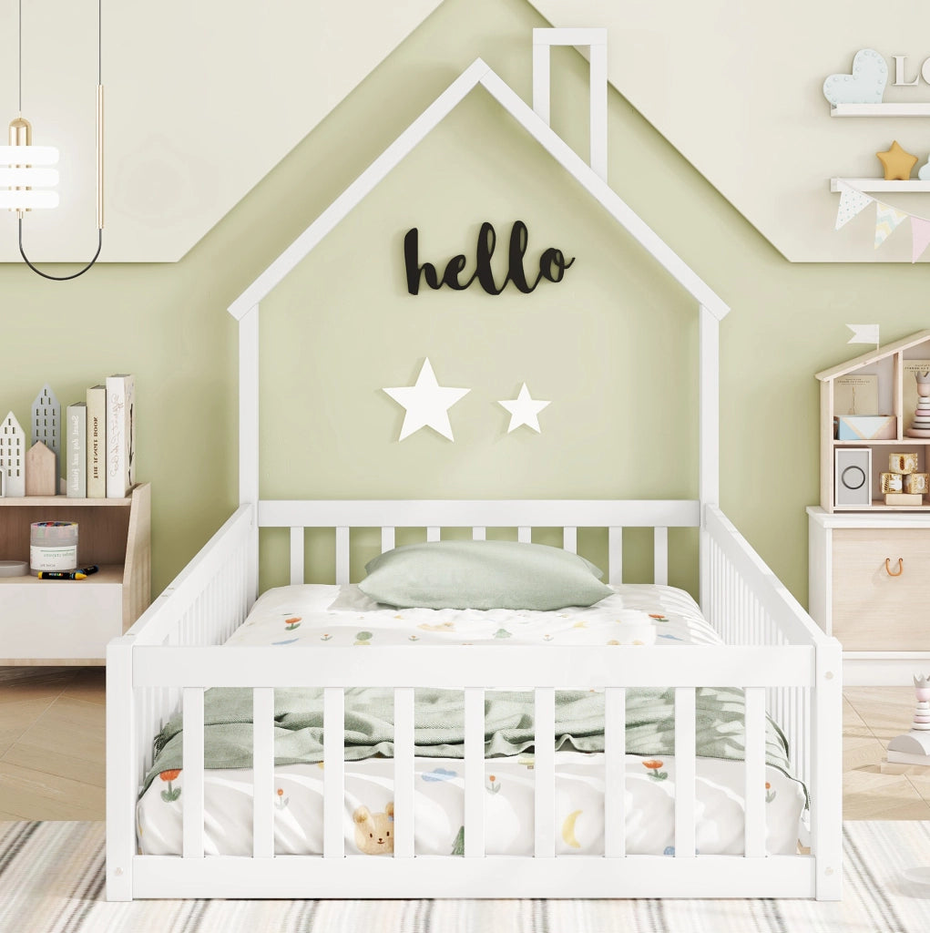 Letto a casetta con forma camino 90 x 200 cm, bianco