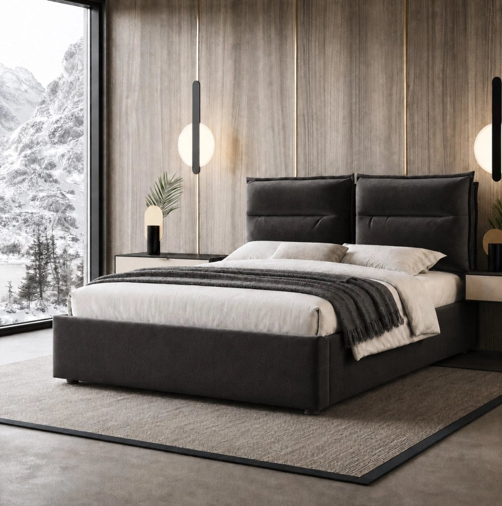 Letto matrimoniale imbottito 140x200 cm con contenitore e testiera regolabile