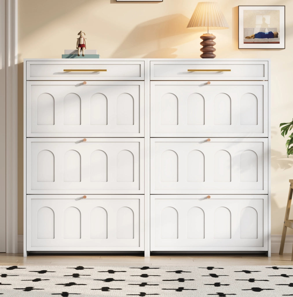 Scarpiera moderna con 12 ripiani e 2 cassetti; 140x25x123;5 cm; MDF; bianca