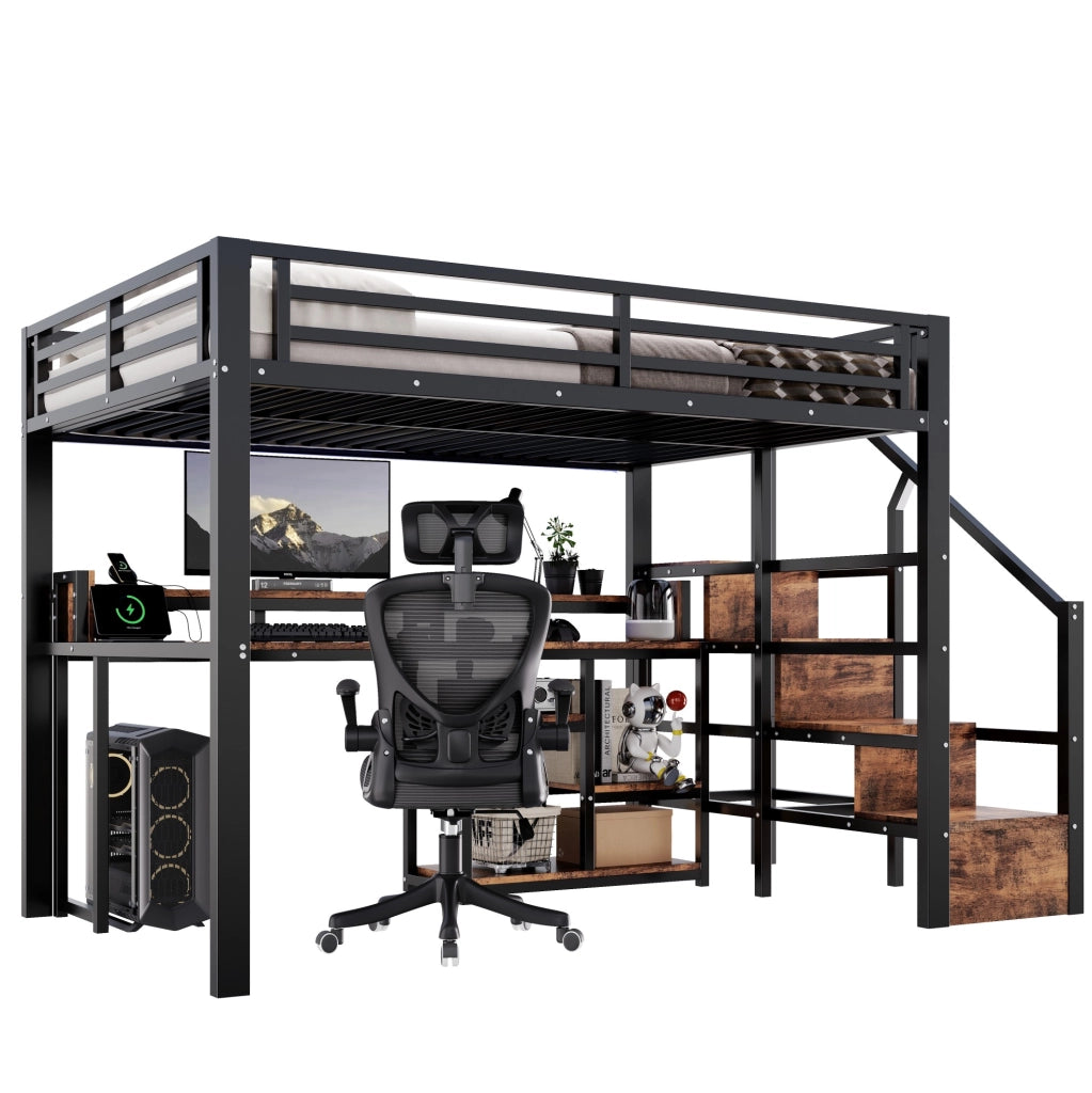 Letto a soppalco 140x200 cm in metallo e MDF; con scala contenitore; LED e USB; nero