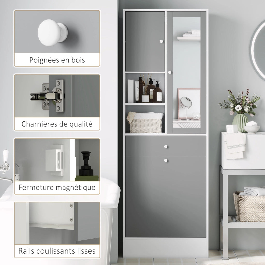 Mobile da bagno con cesto per la biancheria e specchio ripiano regolabile ¨C zephmum ¨C 62x28.3x181 cm grigio bianco