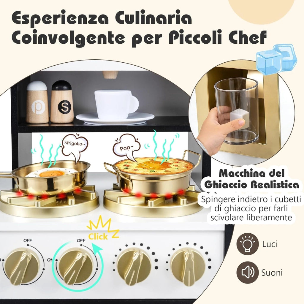 Cucina Giocattolo per Bambini, Set Cucinetta in Legno con Luci e Suoni Realistici, Fornelli, Lavello, Rubinetto, Forno, Microonde, Macchina del Caffè, Gioco di Finzione Chef per Bambini 3+