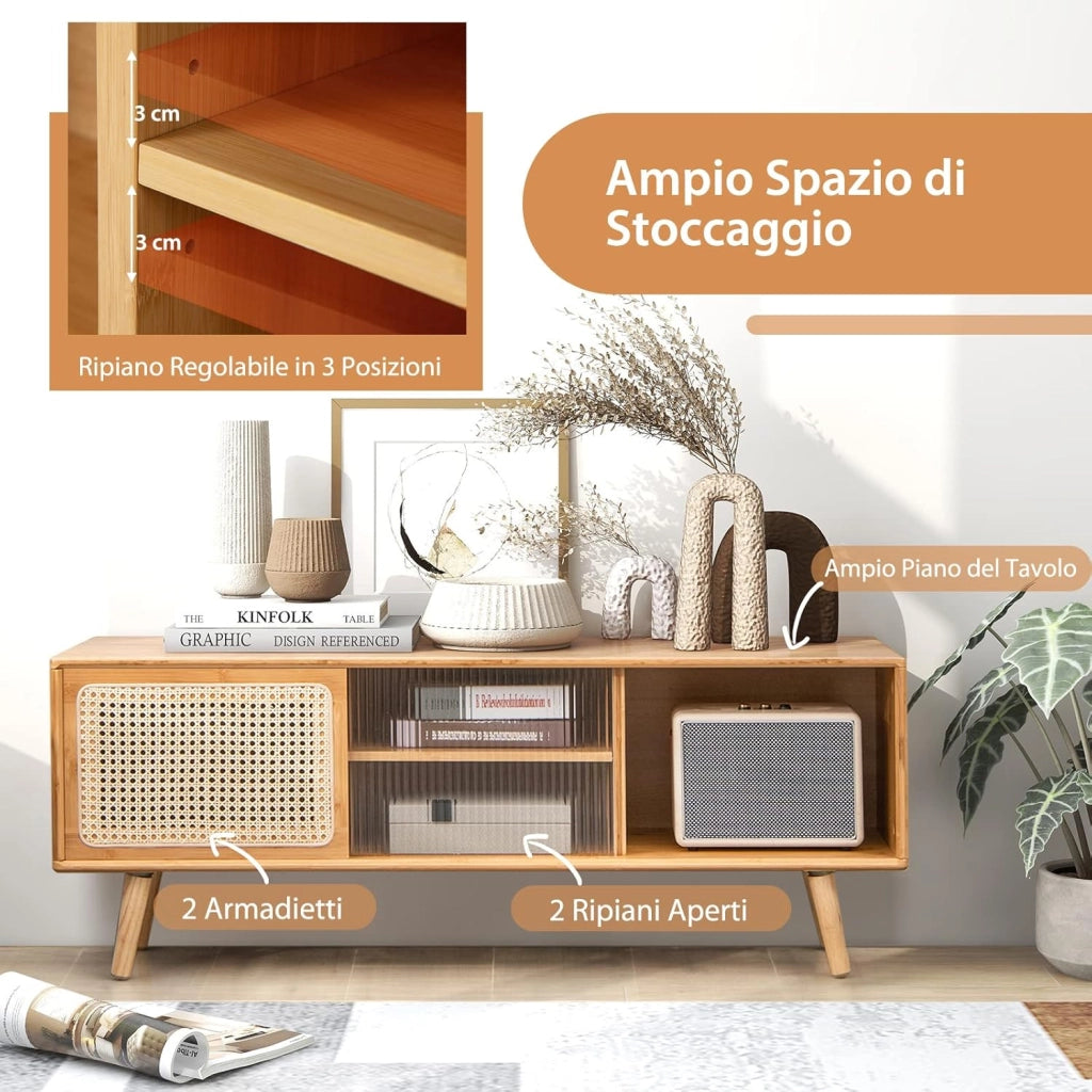 Mobile TV per TV Fino a 55", Mobile Porta TV Salloto, Mobiletto Soggiorno con 2 Ante Scorrevoli, Tavolo Consolle con Gambe in Legno Gamba, 120,5 x 31 x 45,5 cm (Naturale)