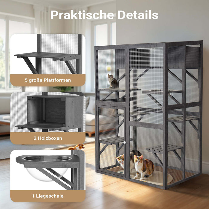 Recinto per gatti da esterno 116 x 82 x 175,7 cm, legno, tetto in PVC, 5 livelli, recinto per gatti per giardino, balcone, rifugi