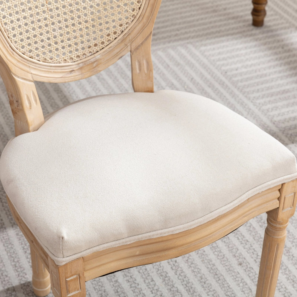 Sedie da Pranzo in Legno Massello e Rattan con Seduta in Lino ¨C MINIMAL ¨C Beige, Set 2 Pezzi