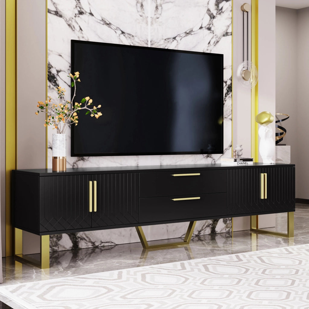 Mobile porta TV con 4 ante, 2 cassetti centrali e ripiani interni, finitura lucida, in MDF nero e oro, 170 × 40 × 53,5 cm