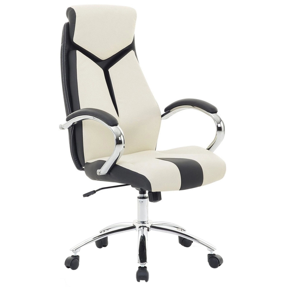 Sedia da ufficio in ecopelle beige e nera con scrivania girevole regolabile per computer