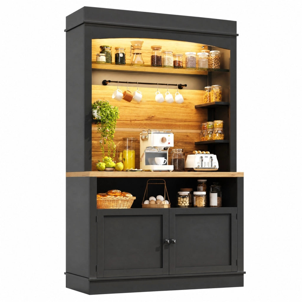 Credenza alta da cucina con LED USB; 107x43x184 cm; MDF e metallo; nera