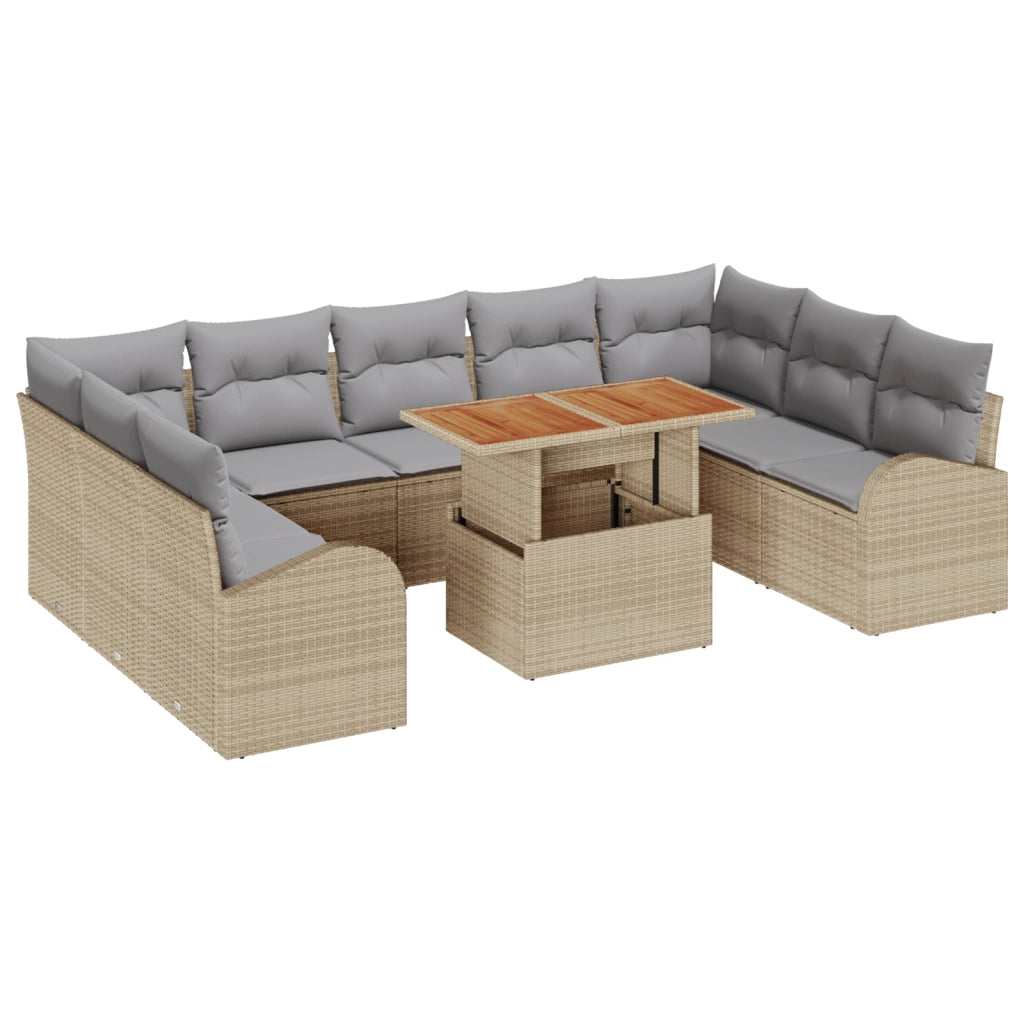 Set da Pranzo da Giardino da 10 Pezzi con Cuscini Rattan Beige in Polyrattan Acacia