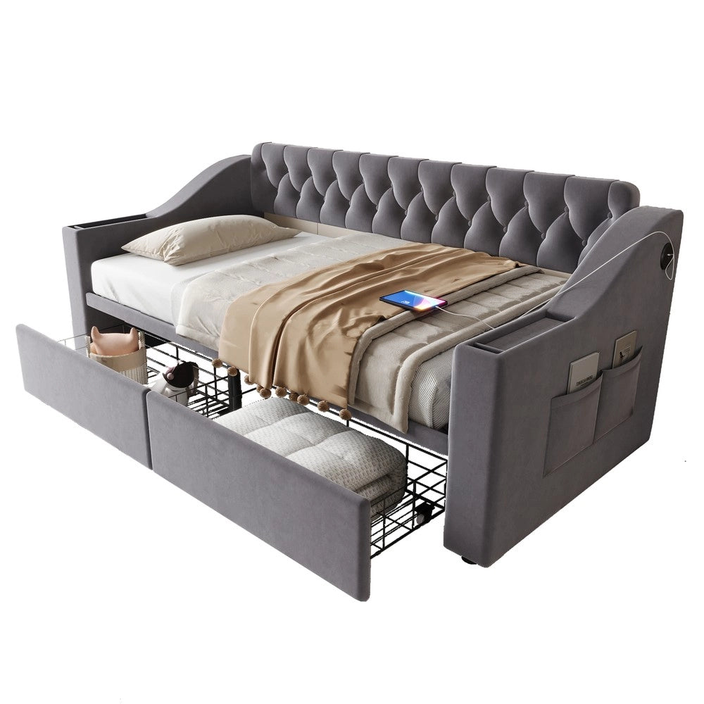 Letto Imbottito con Cassetto e USB ¨C MINIMAL ¨C Velluto Grigio Scuro 90x190