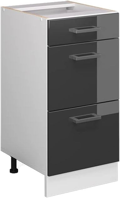 Mobiletto base per cucina R-Line, Antracite lucido, 40 cm con cassetti, senza piano di lavoro, per la libera combinazione all'interno di sistemi cucina modulari