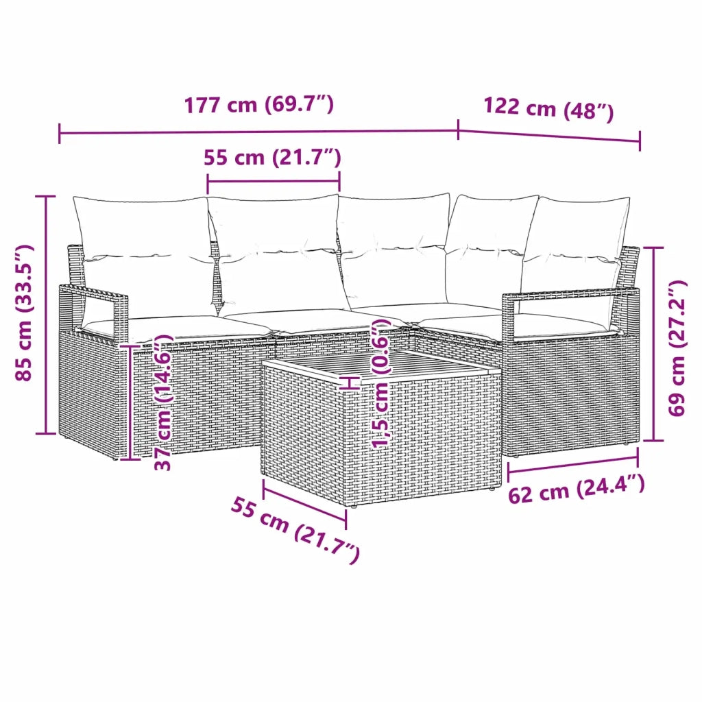 Set Divano da Giardino con cuscino 5 pcs Grigio polyrattan