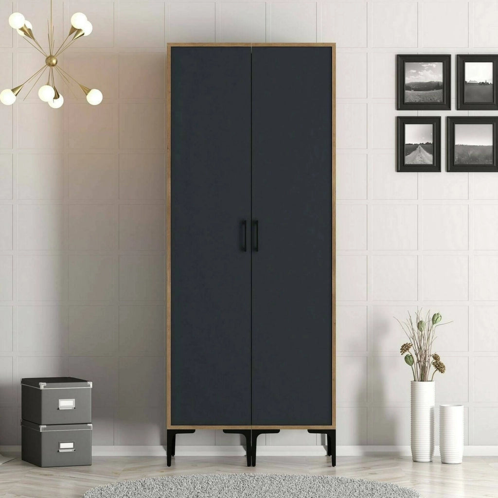 Guardaroba 2 ante Acate, Mobile camera da letto, Cabina armadio portabiti, Armadio appendiabiti, 80x201h48 cm, Noce e Antracite