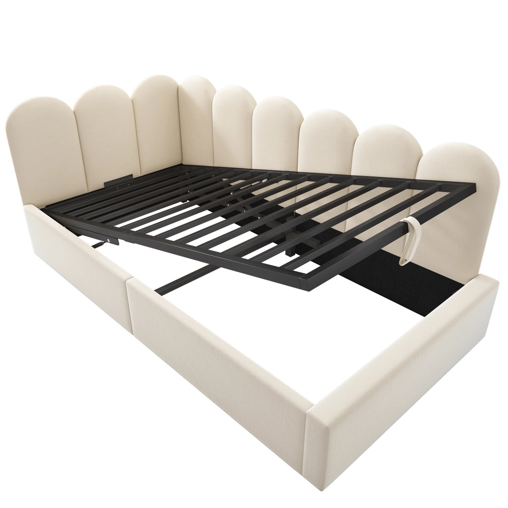 Letto a giorno 90x200 cm in velluto con contenitore idraulico, struttura in metallo, beige
