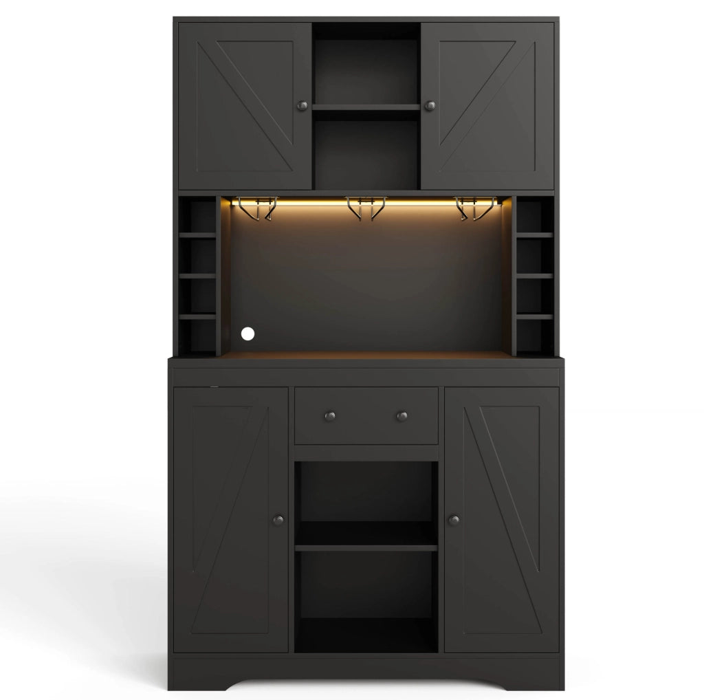 Buffet da cucina alto 180x105x40 cm nero in truciolare con LED; prese e portabicchieri