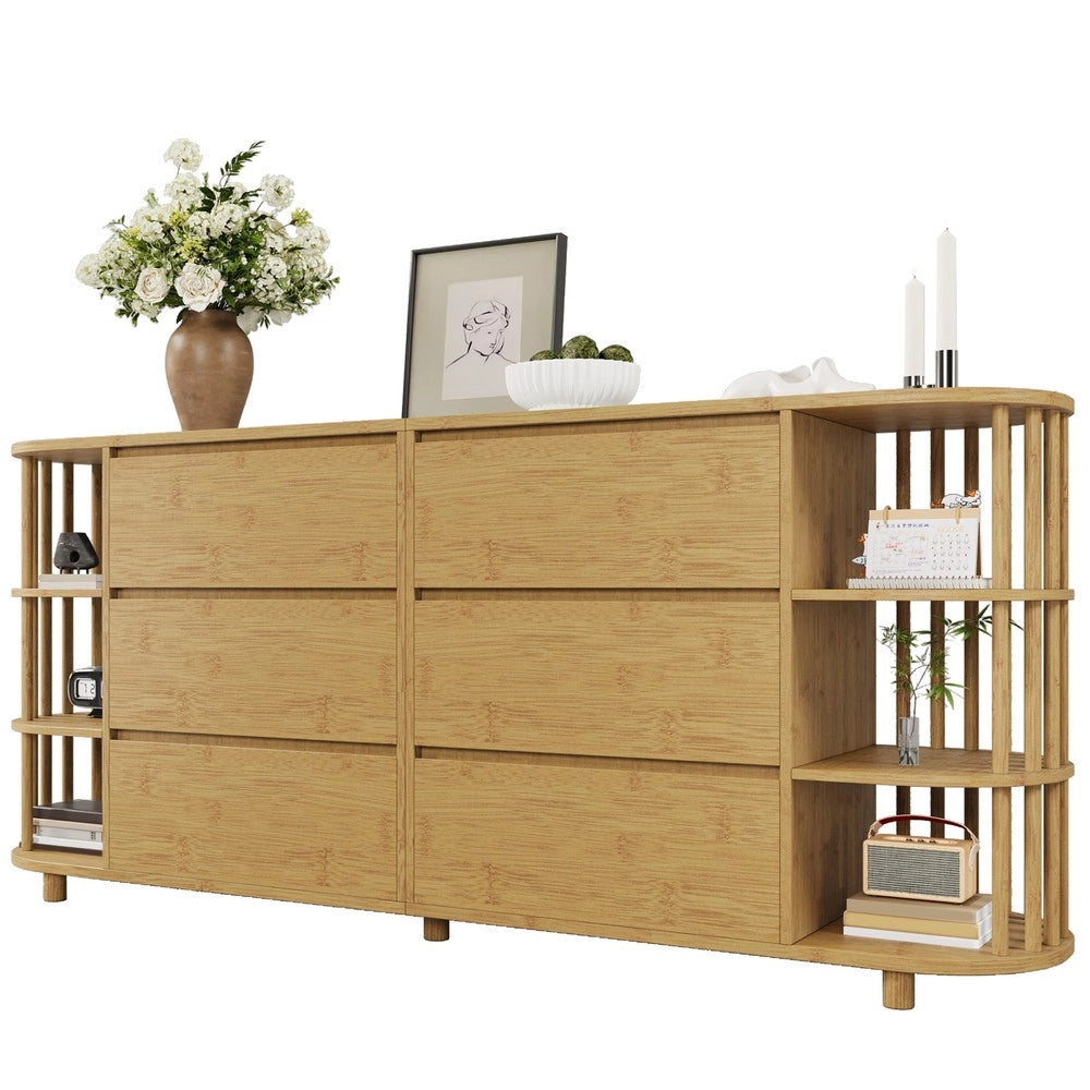 Cassettiera Sideboard con Ripiani in Bamb¨´ e Colonne ¨C MINIMAL ¨C Rovere, 6 Cassetti, 160x75x40 cm