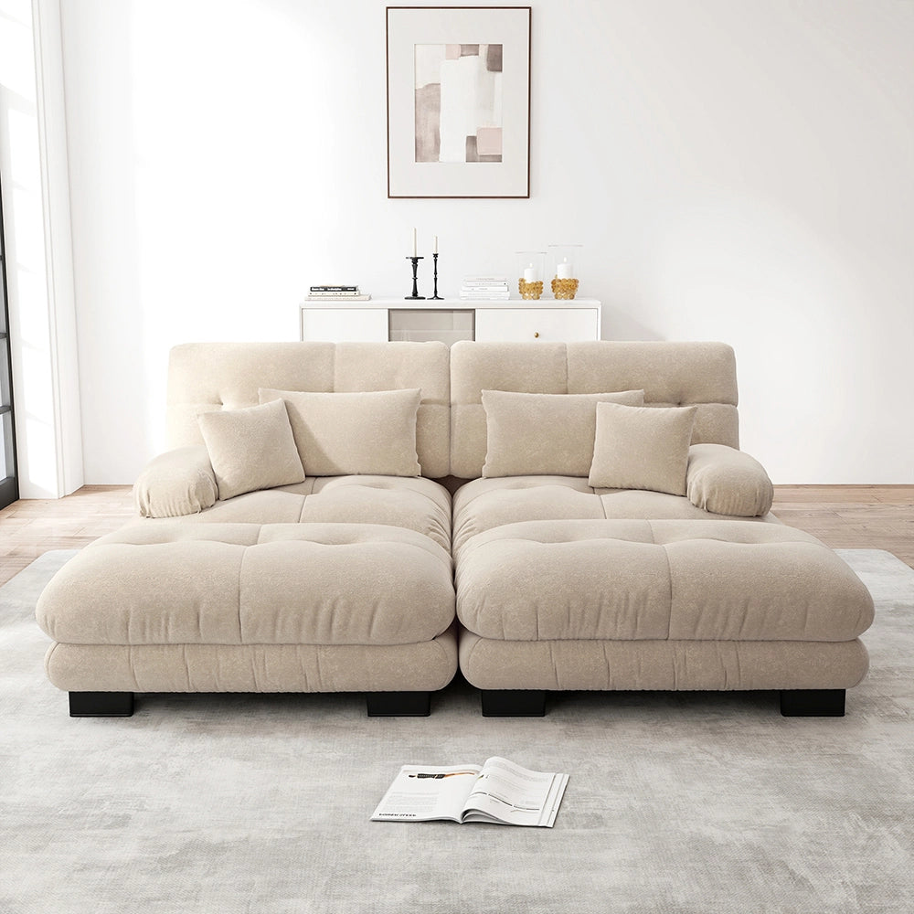 Divano angolare Cloud - Xylo - 2 posti in chenille con 2 cuscini lombari, 2 decorativi e 2 pouf, marrone chiaro