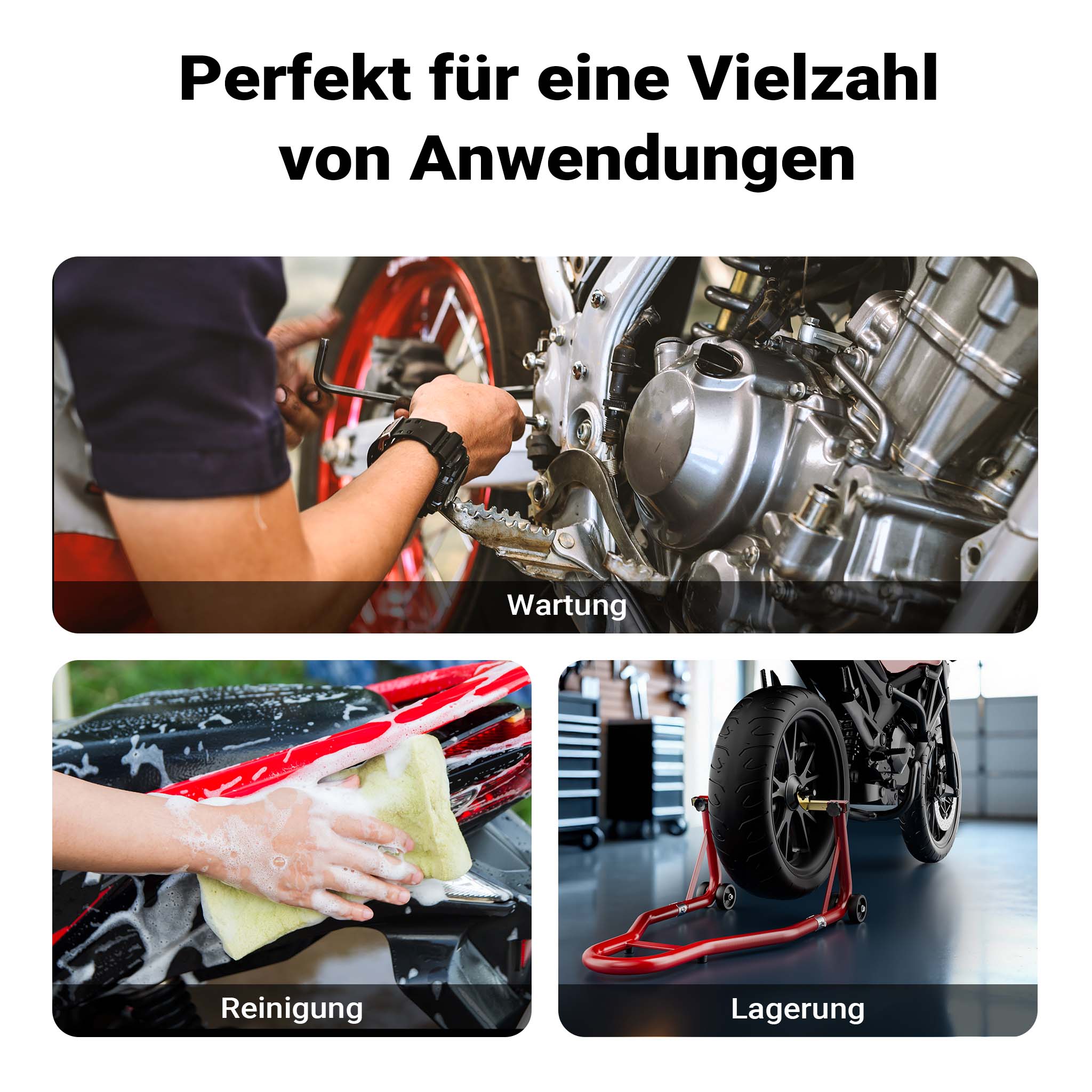 Cavalletto alzamoto posteriore sotto forcella, max 450 kg, con rotelle, per ruote posteriori