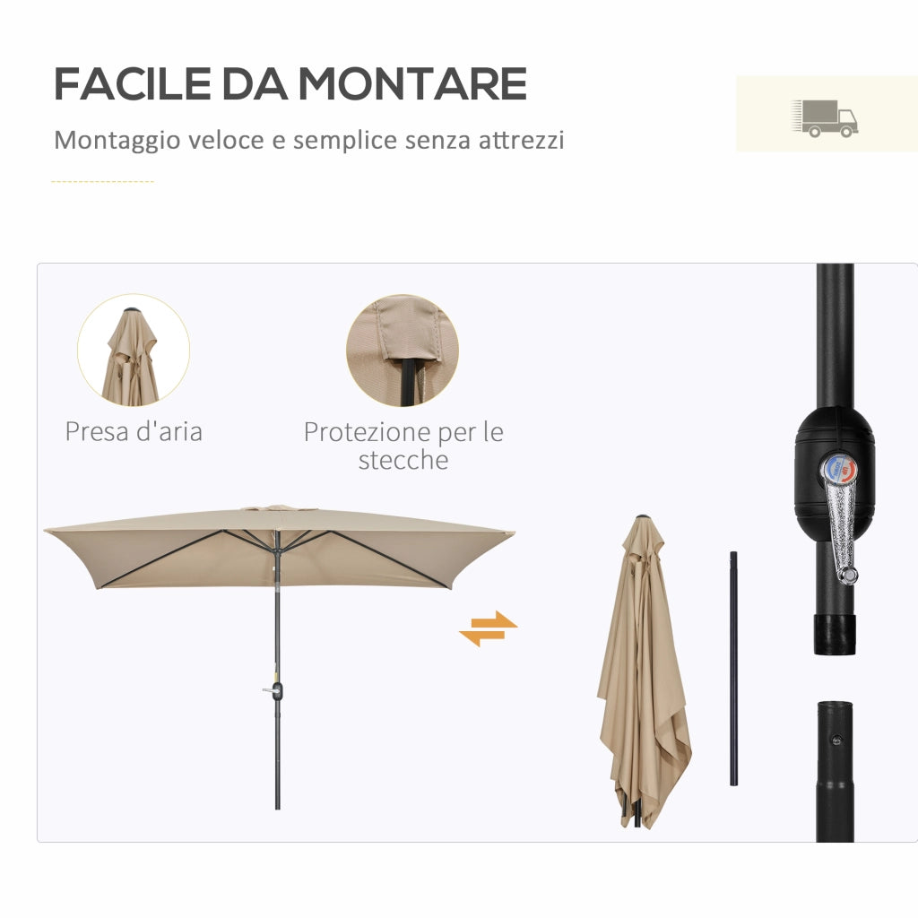 Ombrellone Rettangolare 200x300 cm Pieghevole e Regolabile con Manovella in Alluminio e Poliestere Cachi