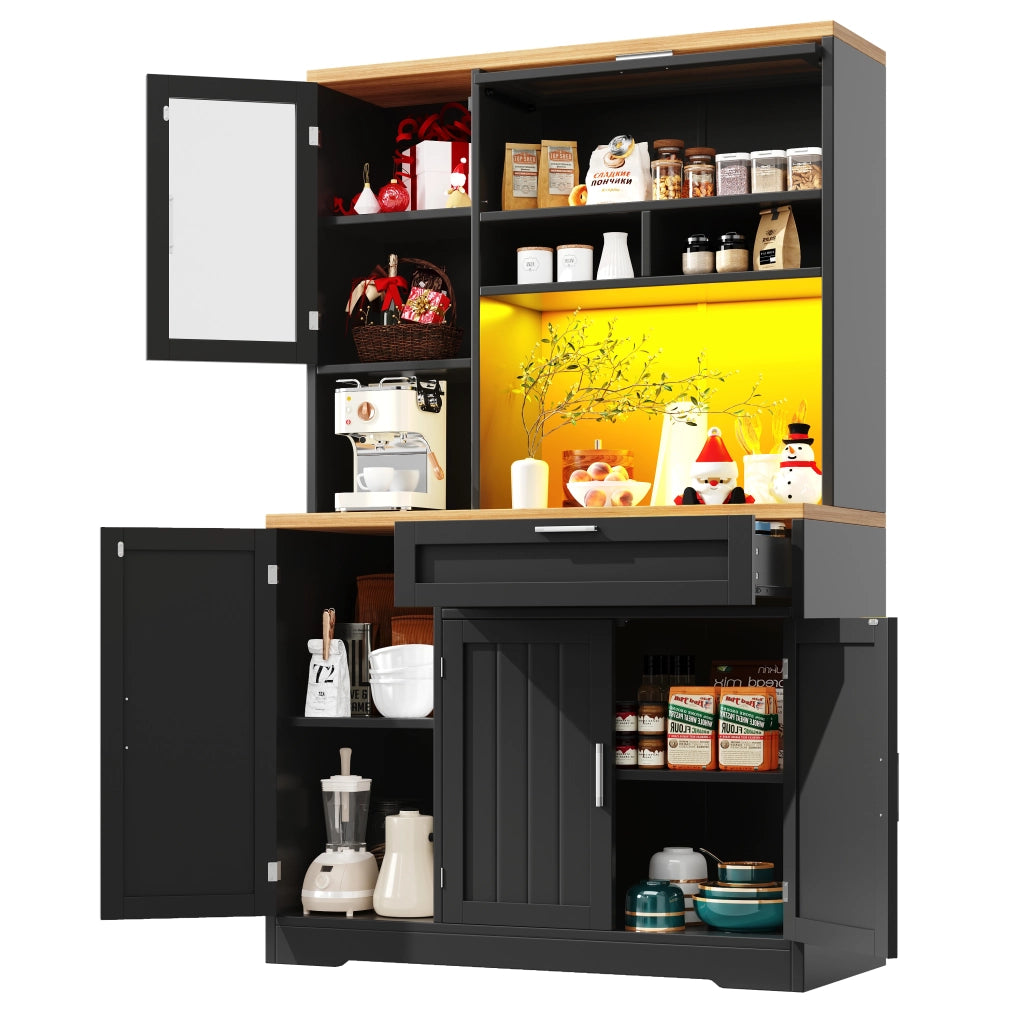 OKWISH Credenza alta vetrina con 5 ante e 1 cassetto, LED USB controllato da app, MDF, 104x40x180 cm, nero