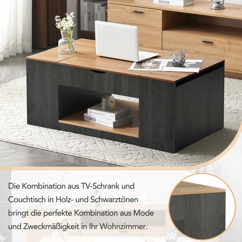Tavolino da caffè sollevabile 109;5 cm in MDF grigio e marrone effetto legno con vano contenitore