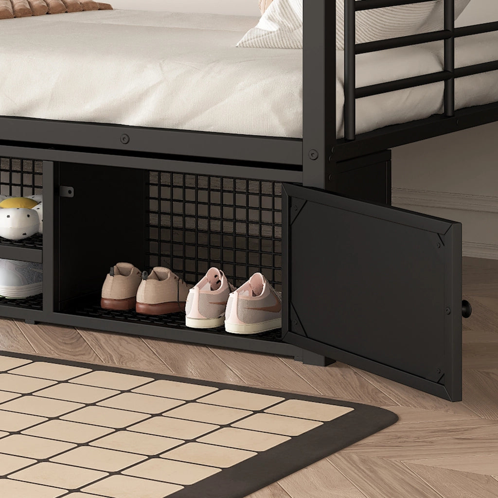 Letto a Castello 90x200 cm; Letto Singolo - Con Scarpiera; Scaletta; Sponda; in Metallo Nero