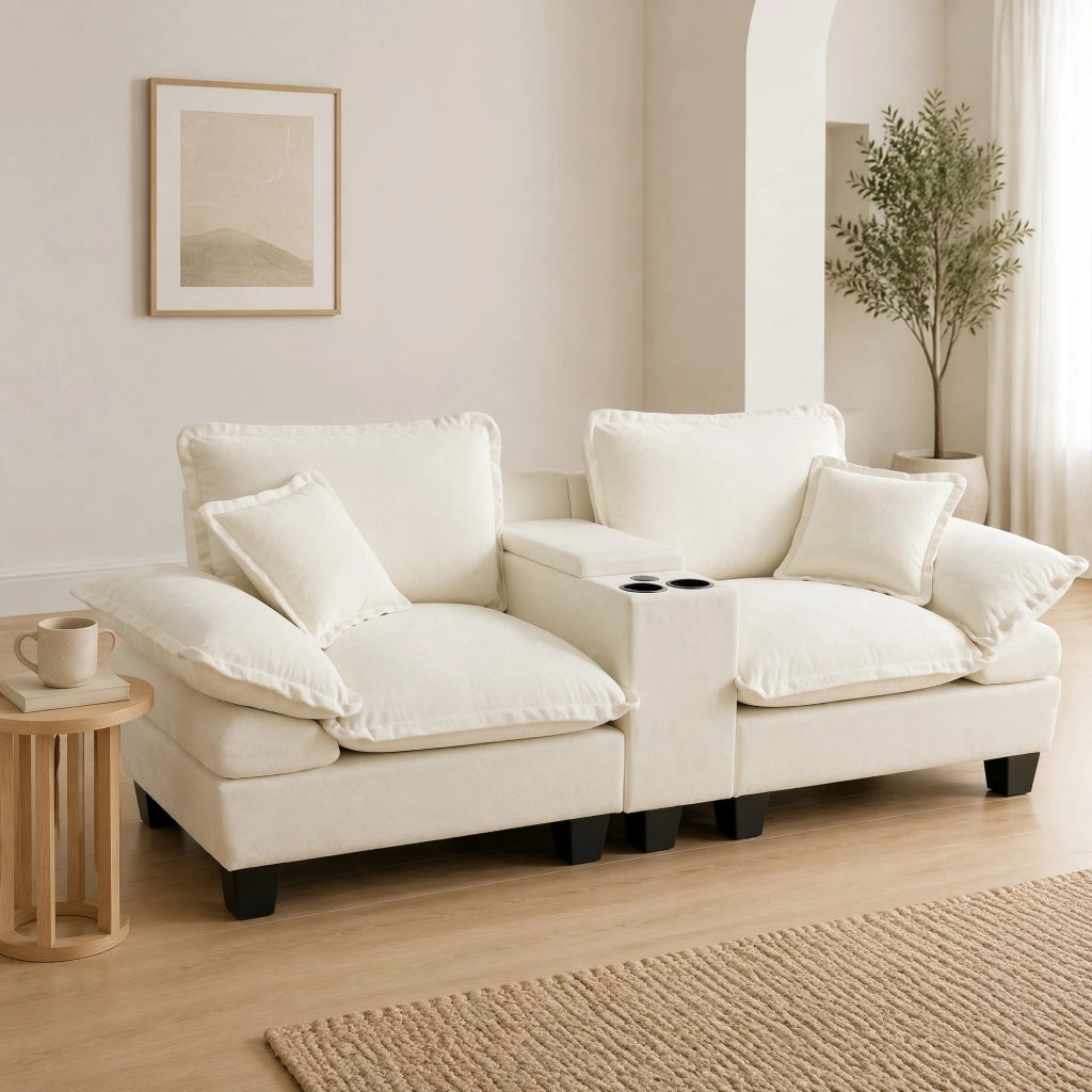 Divano modulare con pouf; contenitore; portabicchieri e USB - in chenille beige
