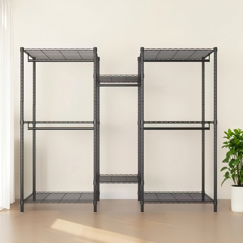 Armadio aperto 75,5x43,5x194 cm in metallo nero, 8 ripiani e 5 barre appendiabiti –