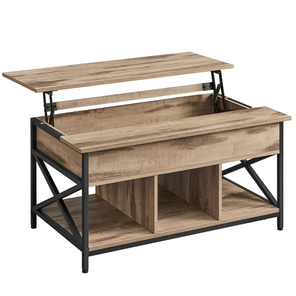 Tavolino da caffè/tavolo da soggiorno con piano sollevabile vano portaoggetti aperto e scomparto nascosto barre a X 60 x 100 x (48-62) cm marrone 12_0007474