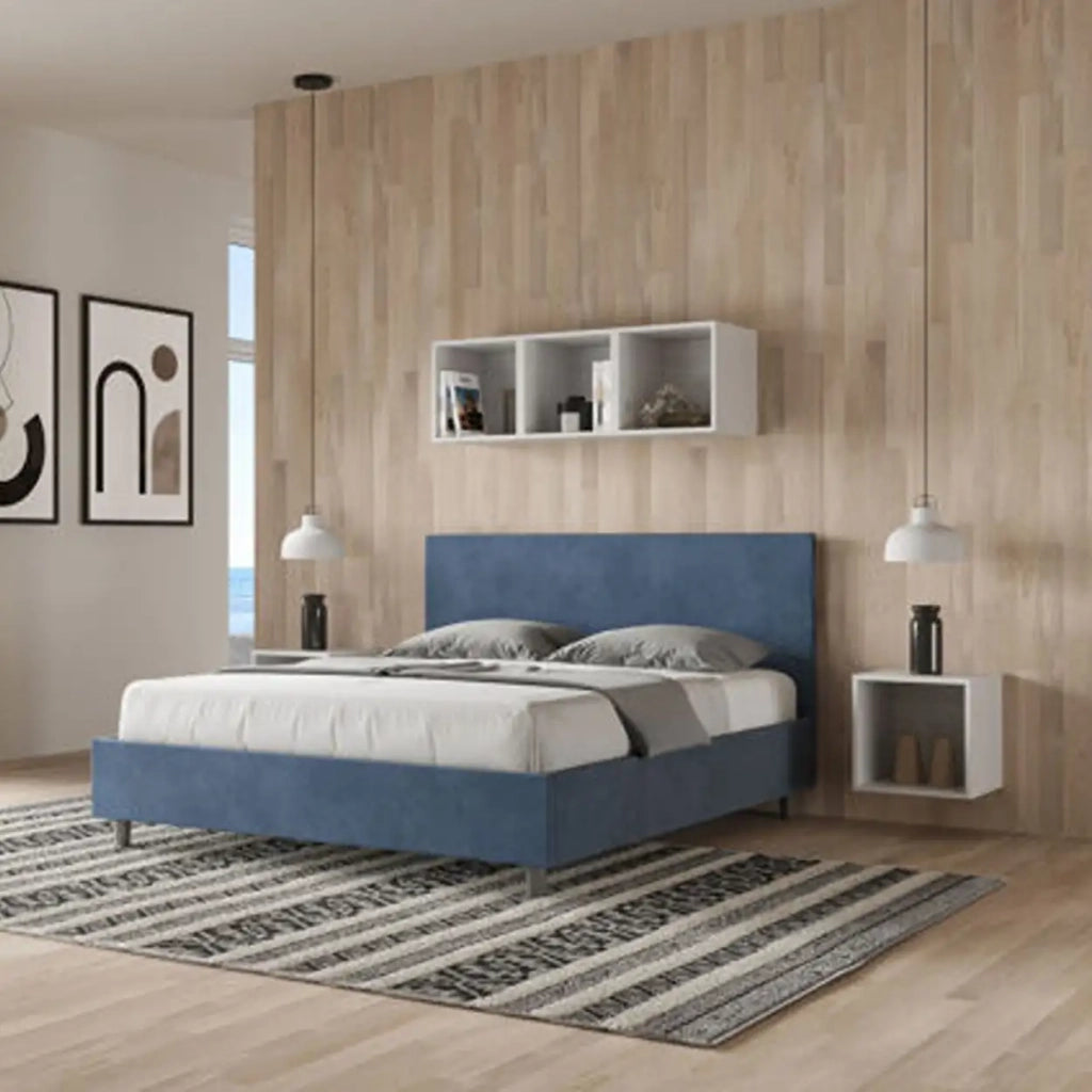 Letto matrimoniale con rete imbottito 160x200 microfibra blu Adele