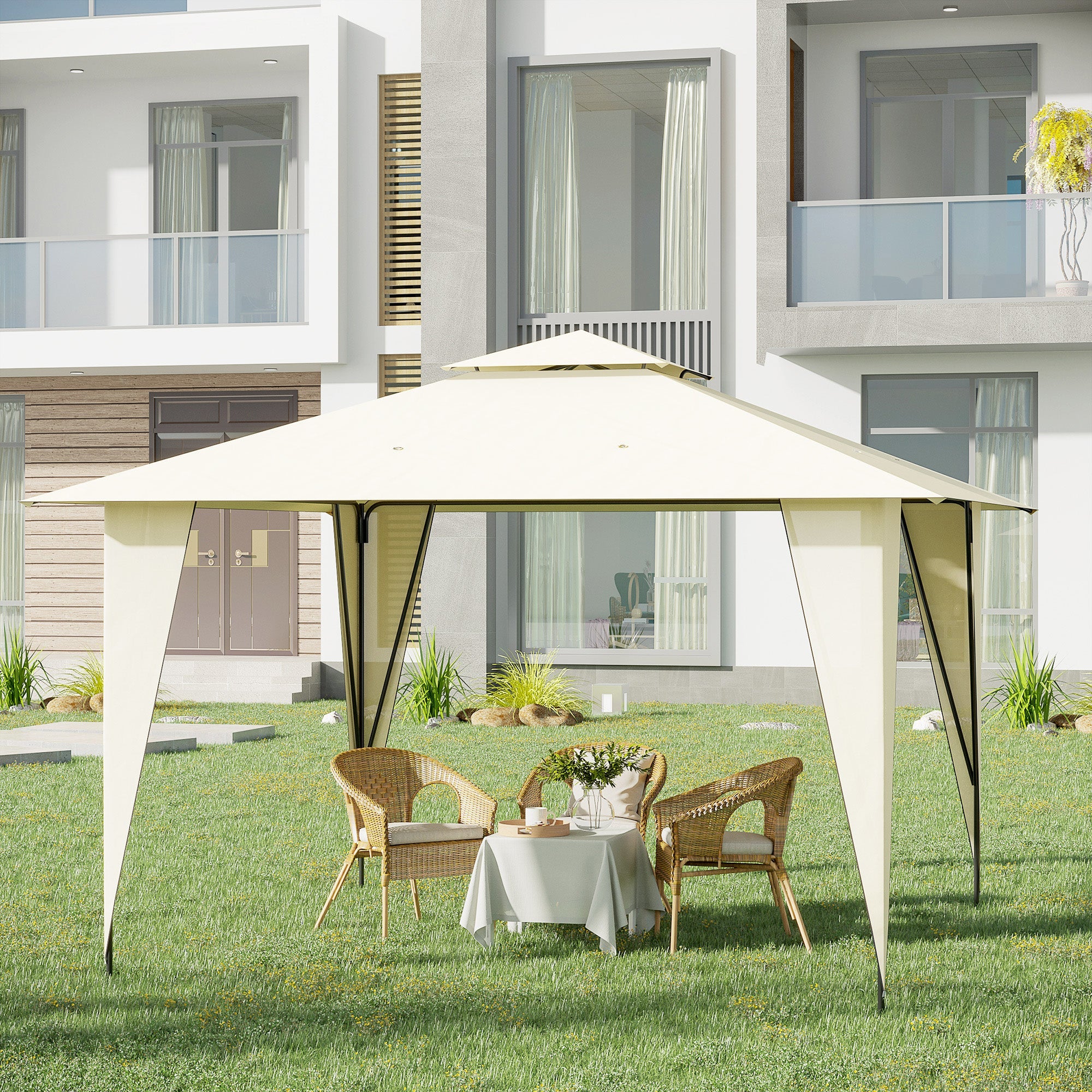 Gazebo da Giardino 3,5x3,5x2,7m in Metallo Doppio Tettuccio Beige