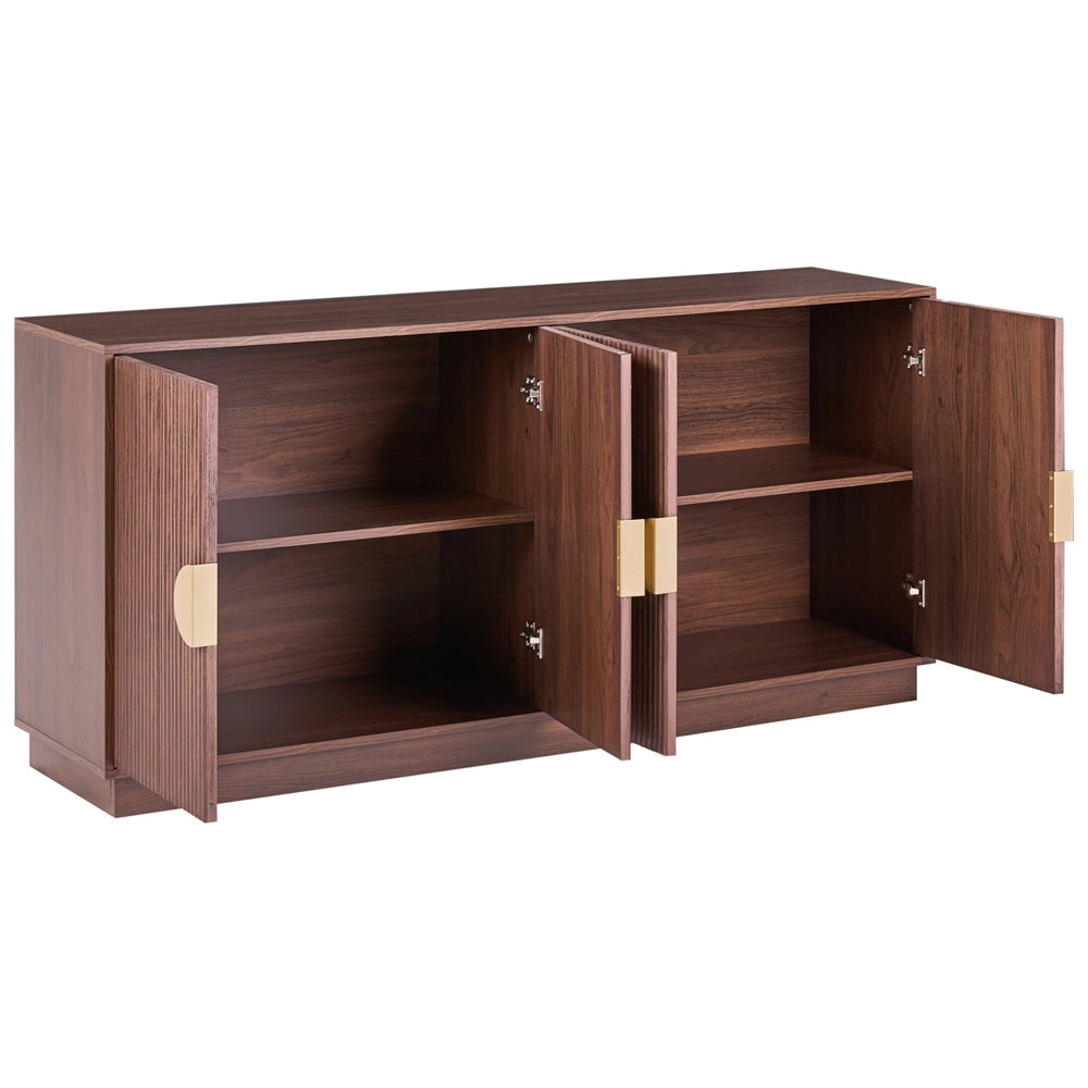 Credenza a 4 ante in MDF, colore marrone scuro, da appoggio, con ripiani e frontale scanalato, mobile contenitore per la casa