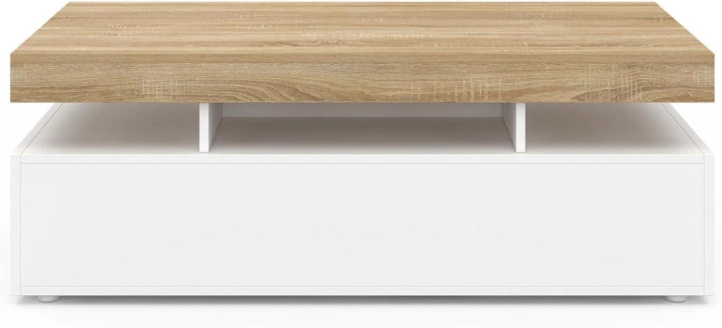 Tavolino rettangolare a 2 cassetti ELSA in legno bianco con piano in faggio