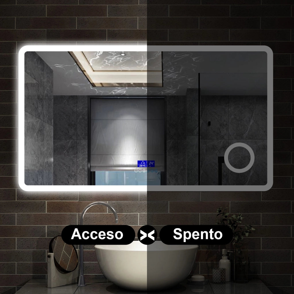 specchio rettangolare 120x70 cm con luce dimmerabile a 3 colori, bluetooth, antiappannamento e ingranditore 3x