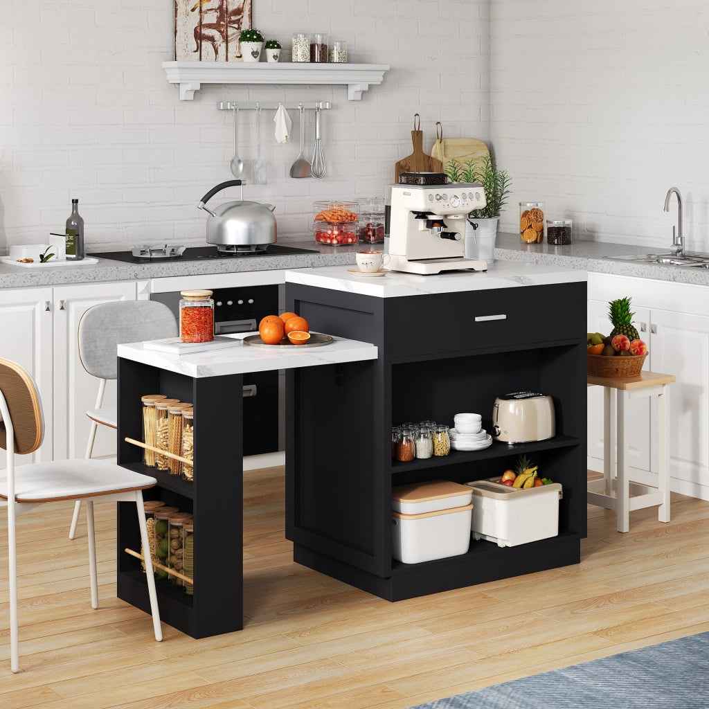 Isola da Cucina con 2 Cassetti; 1 Anta; Ripiano Regolabile; Tavolo Estensibile e Prese; in MDF; 211 x 55 x 89;5 cm; Nero