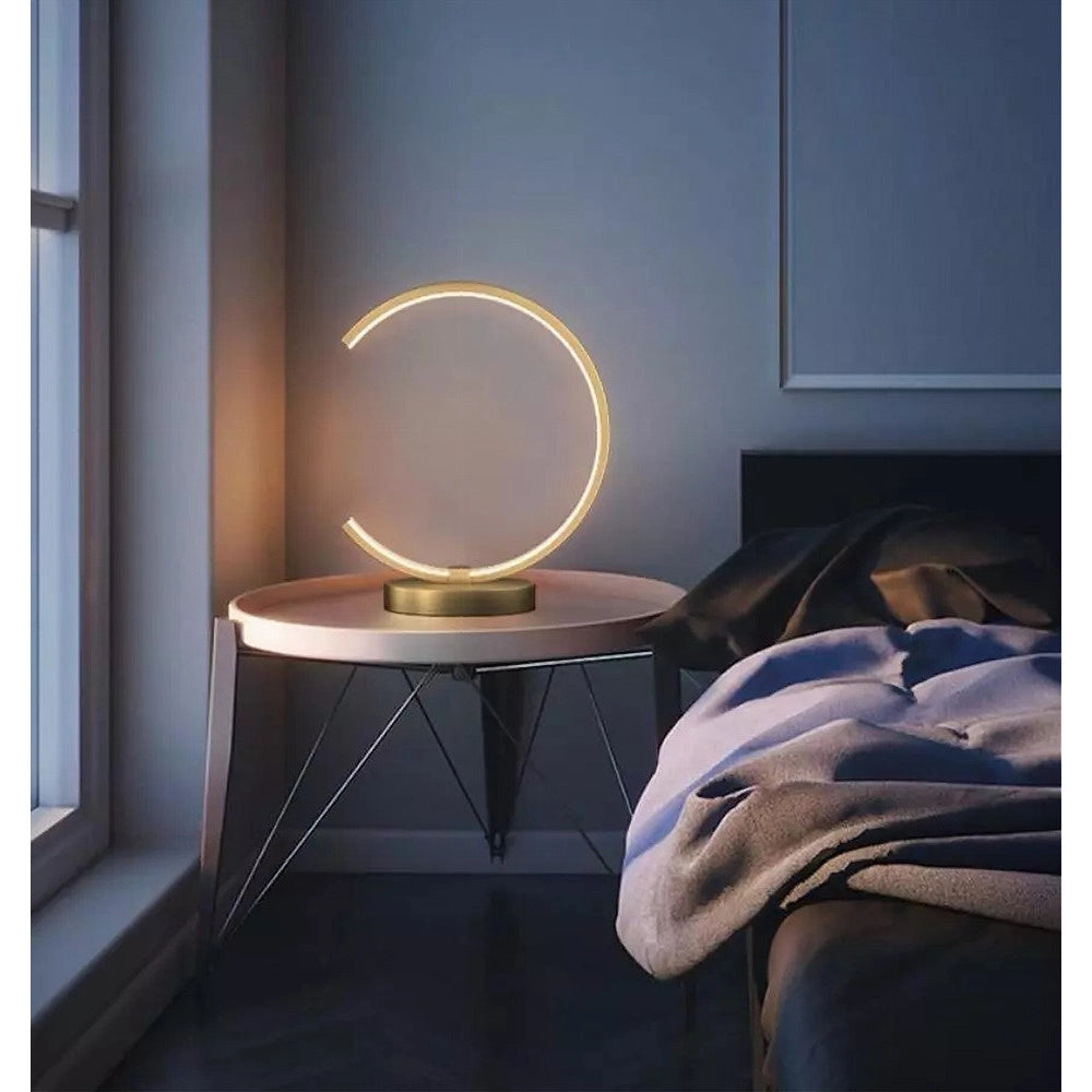 Trade Shop - Lampada Da Tavolo Led 12 W Design Curva Oro Touch Scrivania Comodino Ip20 32729 -