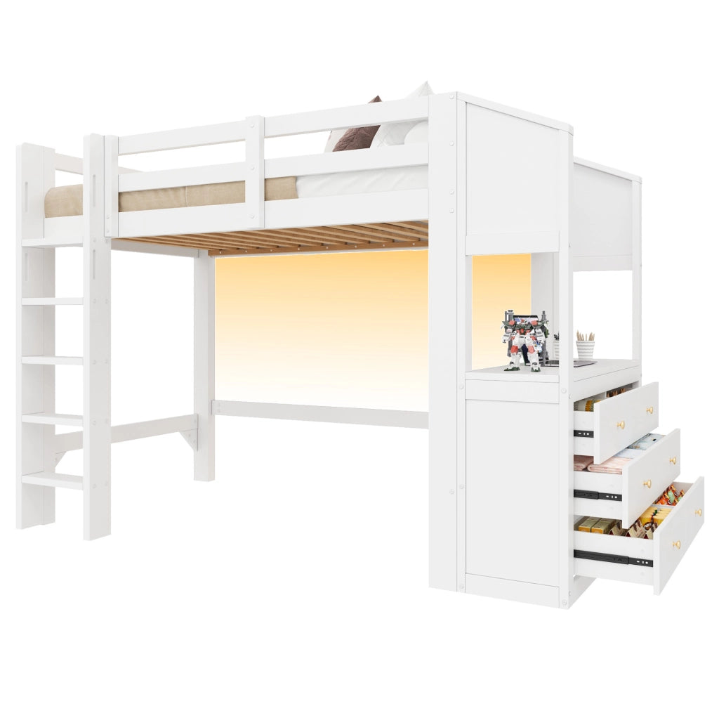 Letto a soppalco 90 x 200 cm con LED, 3 cassetti e ripiani bianco