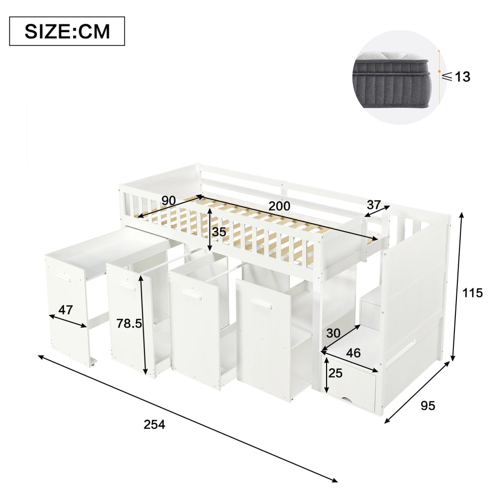 Letto a castello multifunzione bianco 90x200 cm con scrivania