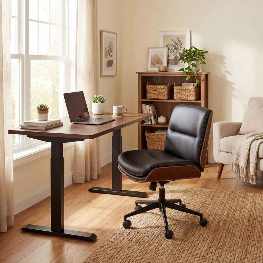 Sedia da Ufficio Girevole, Regolabile in Altezza, Sedia Ergonomica Scrivania con Schienale e Cuscini Imbottiti, Poltrona senza Braccioli con Ruote, per Lavoro, Studio e Relax (Nero)