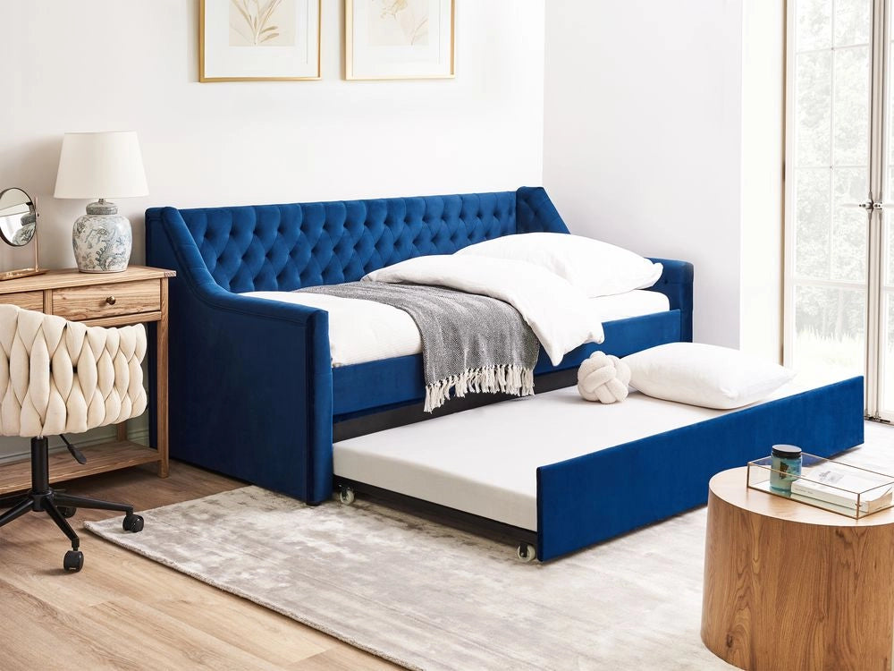 Letto da Giorno Estraibile in Velluto di colore blu con Rete a Doghe zona notte