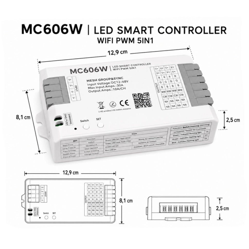 Controller LED WiFi 5 canali PWM, 12-48V, 5x10A, RGBW CCT
