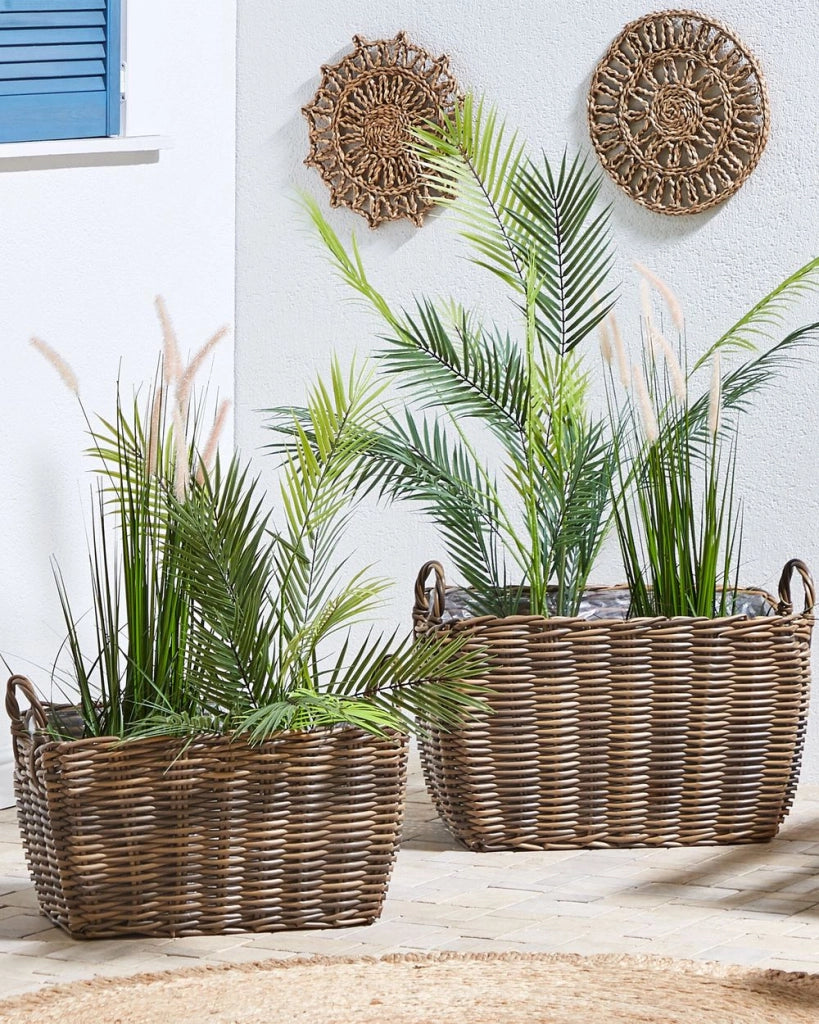 Set di 2 ceste per piante da esterno Vasi per piante rivestite in rattan sintetico marrone