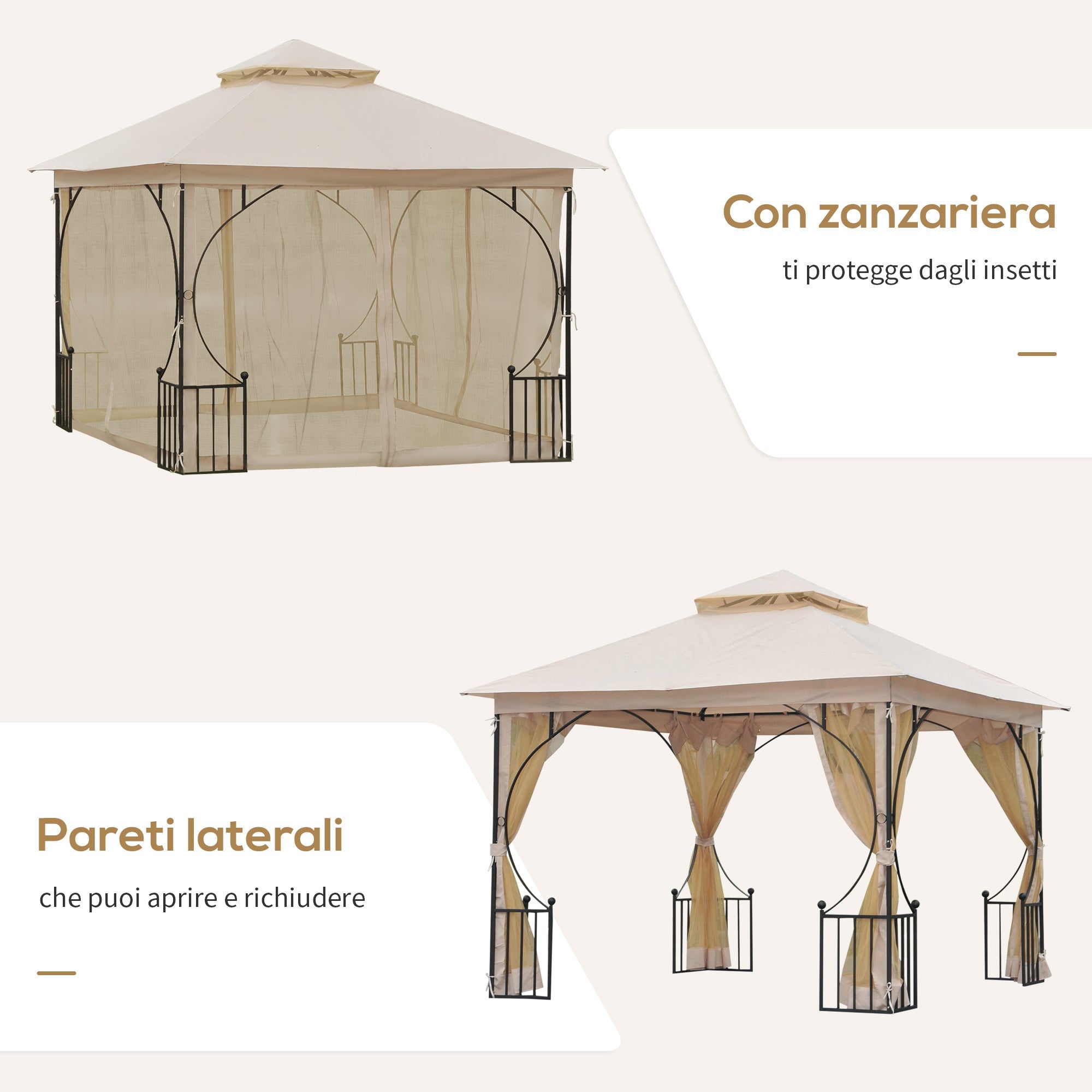 Gazebo da Giardino 3x3 m con Doppio Tettuccio in Metallo e Poliestere Beige