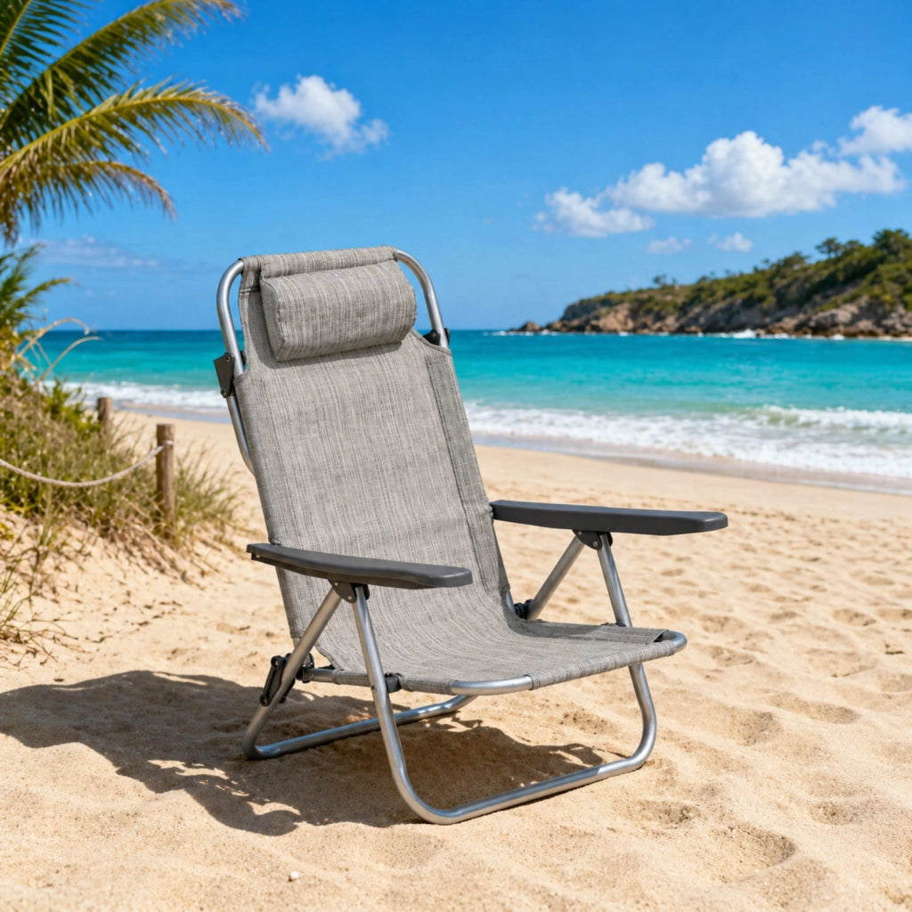 Spiaggina Reclinabile Da Mare E Campeggio Con Poggiatesta Imbottito Sedia Pieghevole In Alluminio E Textilene Traspirante Trasformabile In Lettino 48.5 x 60 x 80 Cm Grigio